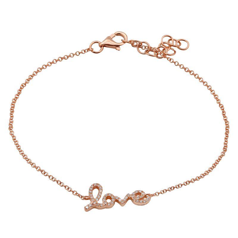 Elegant rose gold bracelet with "love" script charm from our luxury jewelry collection.
