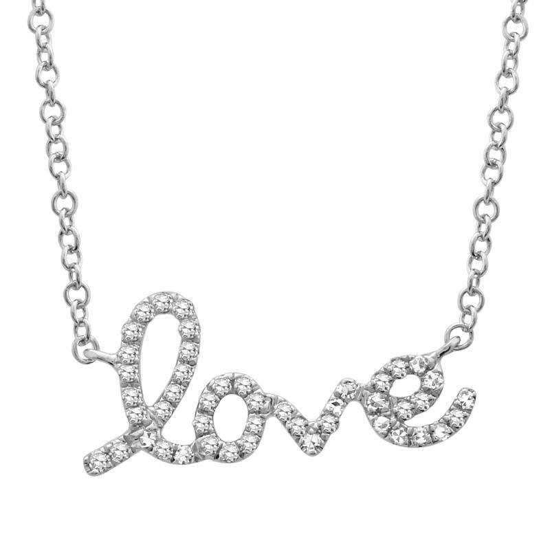Diamond-studded "love" pendant necklace on silver chain from our exclusive jewelry collection.