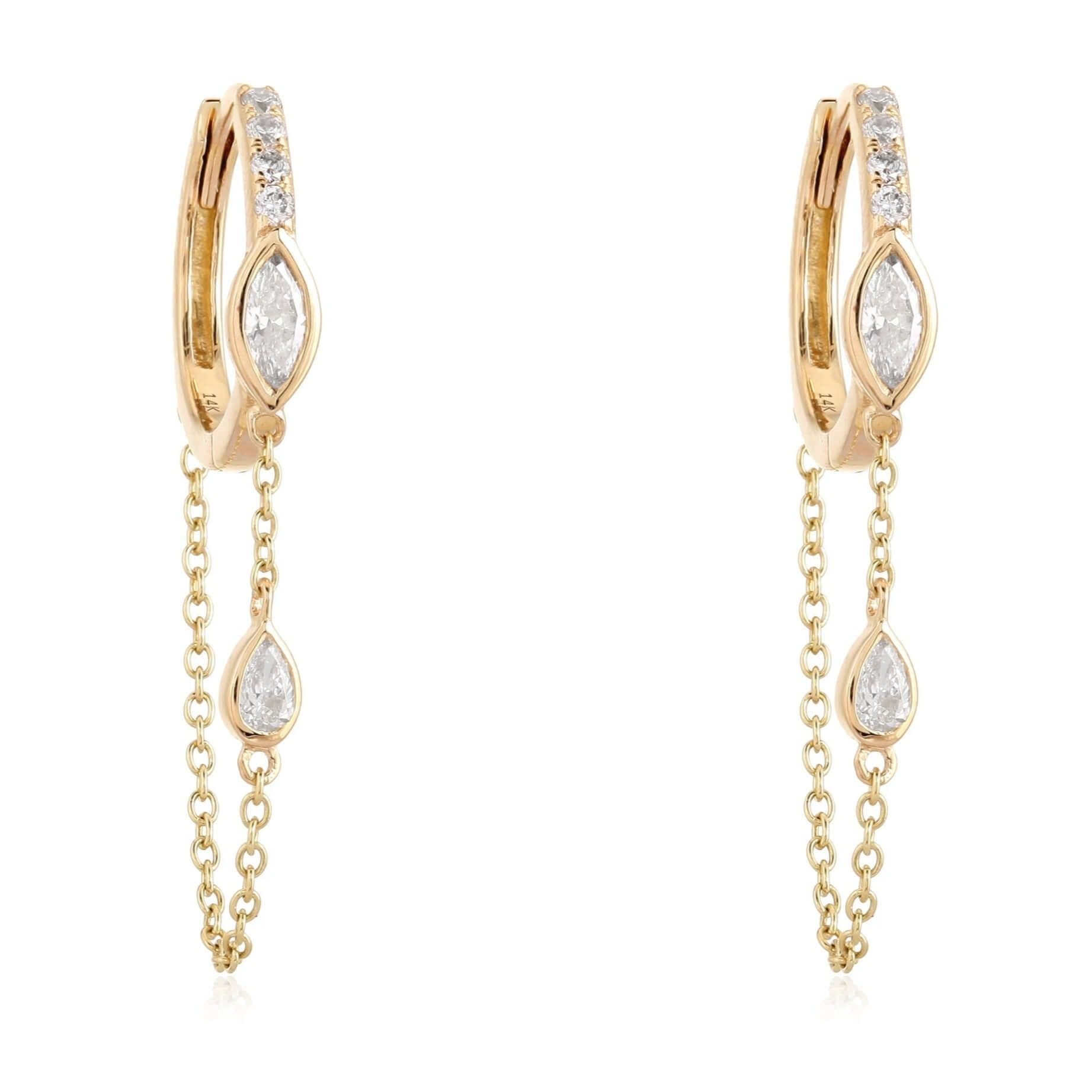 Elegant gold hoop earrings with dangling teardrop and marquise-shaped diamonds, part of our luxury jewelry collection.