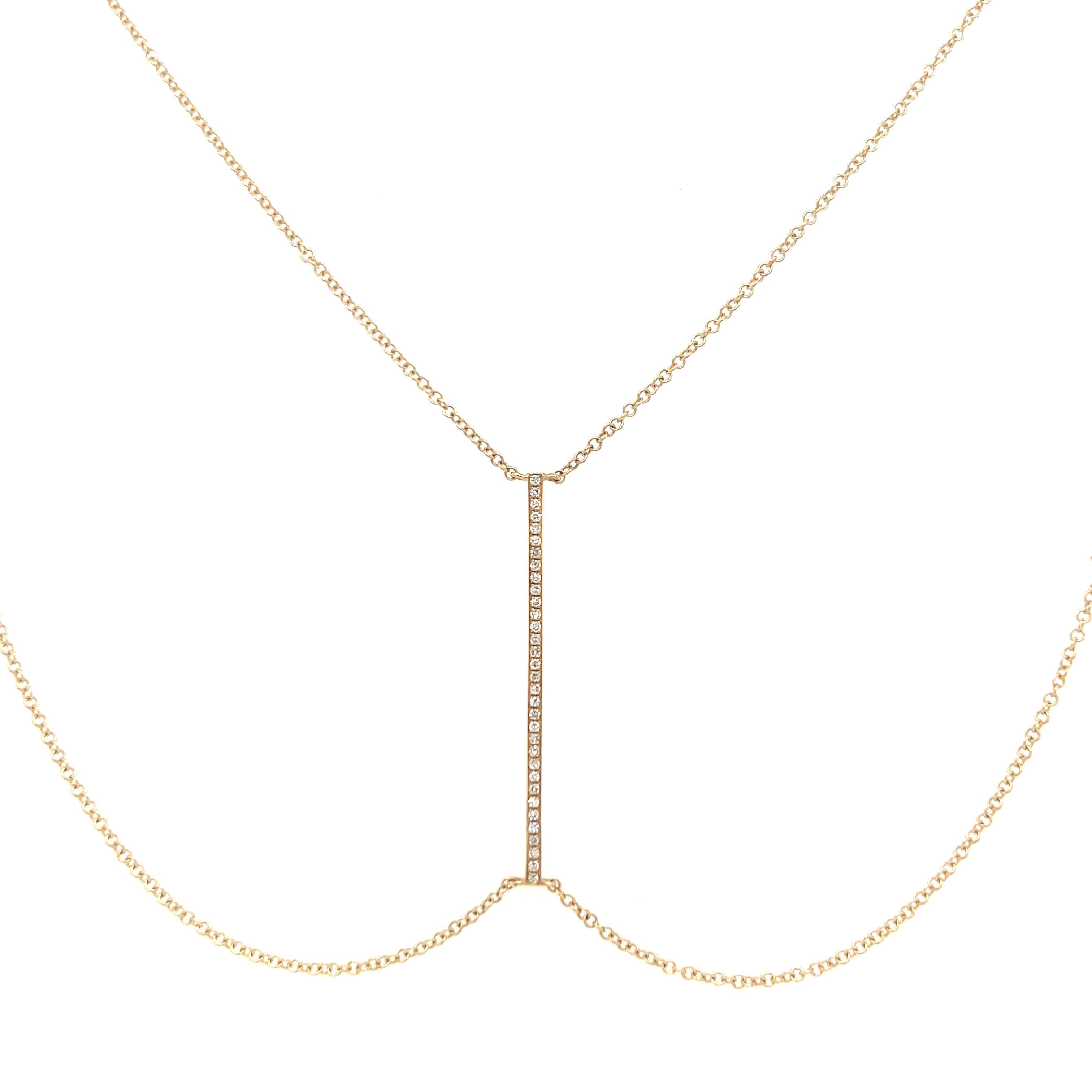 Elegant gold necklace with vertical bar pendant, part of our luxury jewelry collection.