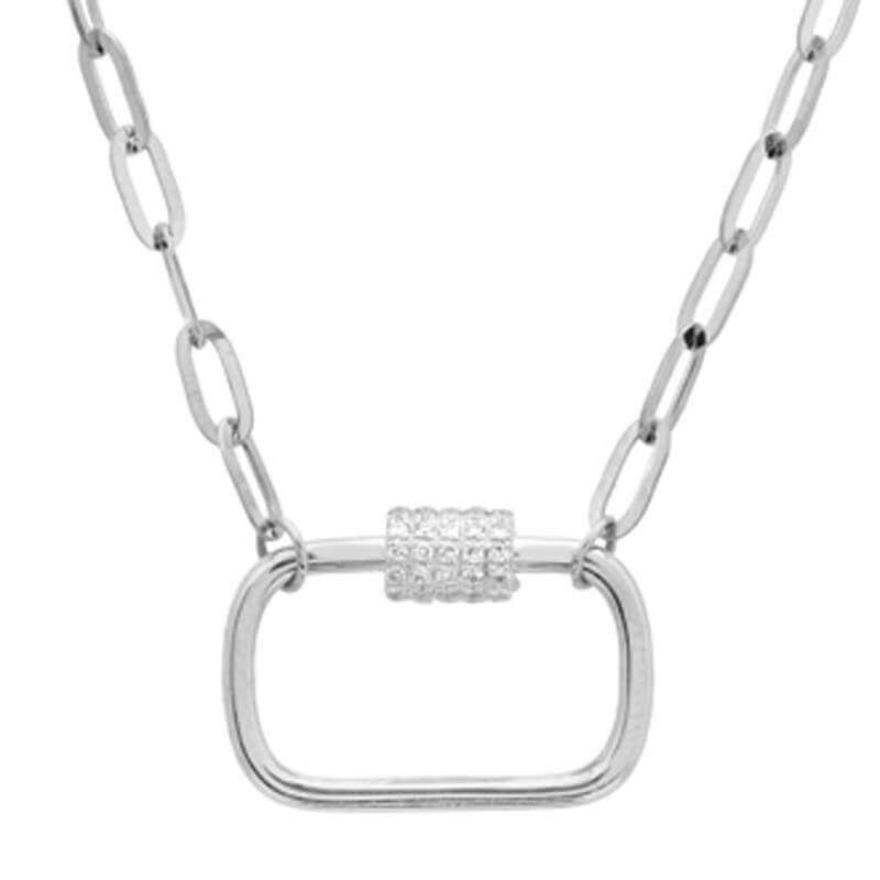 Sterling silver necklace with unique rectangular pendant and delicate chain links, perfect for adding elegance to any outfit.