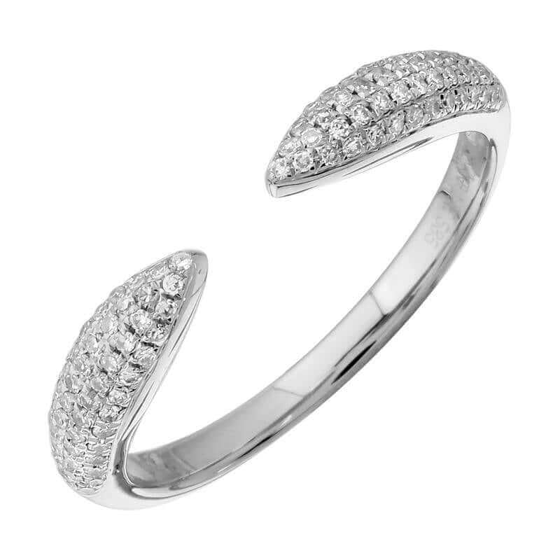 Elegantly designed sterling silver open ring adorned with sparkling diamonds, creating a stylish statement piece for any jewelry collection.