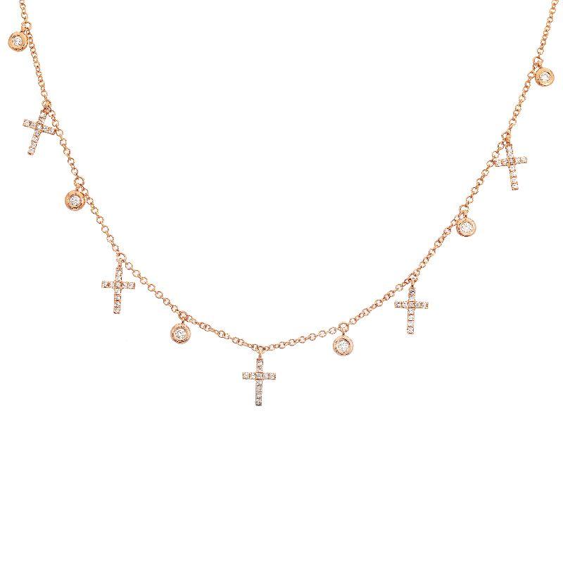 Gold chain necklace with cross and circle pendants, elegant jewelry piece by our brand.