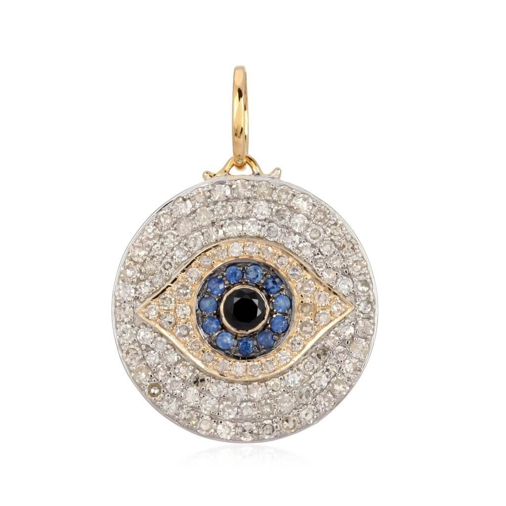 Gold evil eye pendant with blue sapphires and diamonds from our luxury jewelry collection.