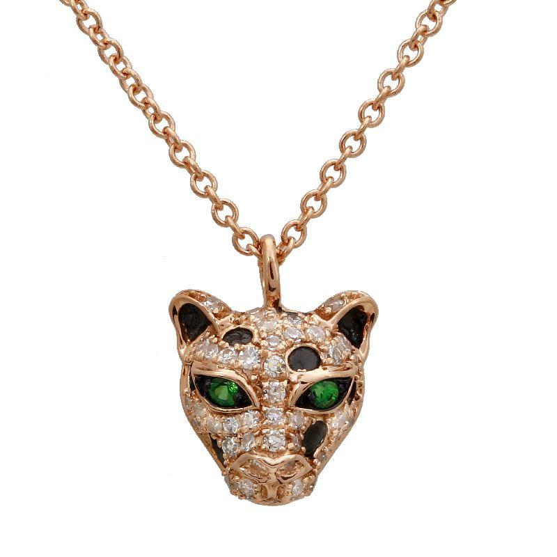 Exquisite gold panther head necklace with emerald eyes and diamond accents - luxury jewelry collection by our brand.