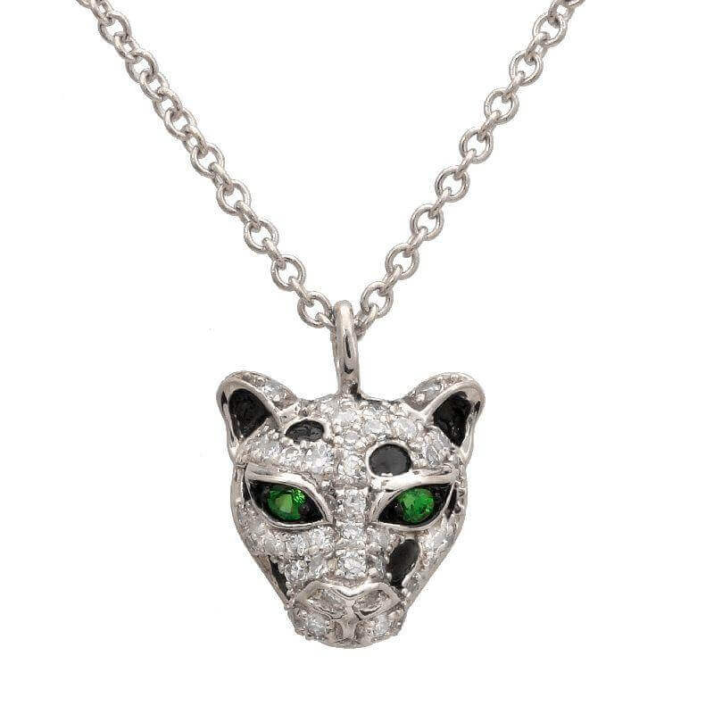 Diamond panther pendant necklace with green gem eyes on silver chain from our luxury jewelry brand.