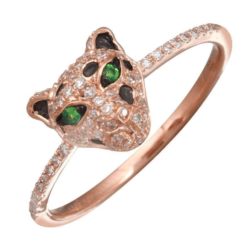 Rose gold panther ring with green eyes and intricate detailing from our luxury jewelry collection
