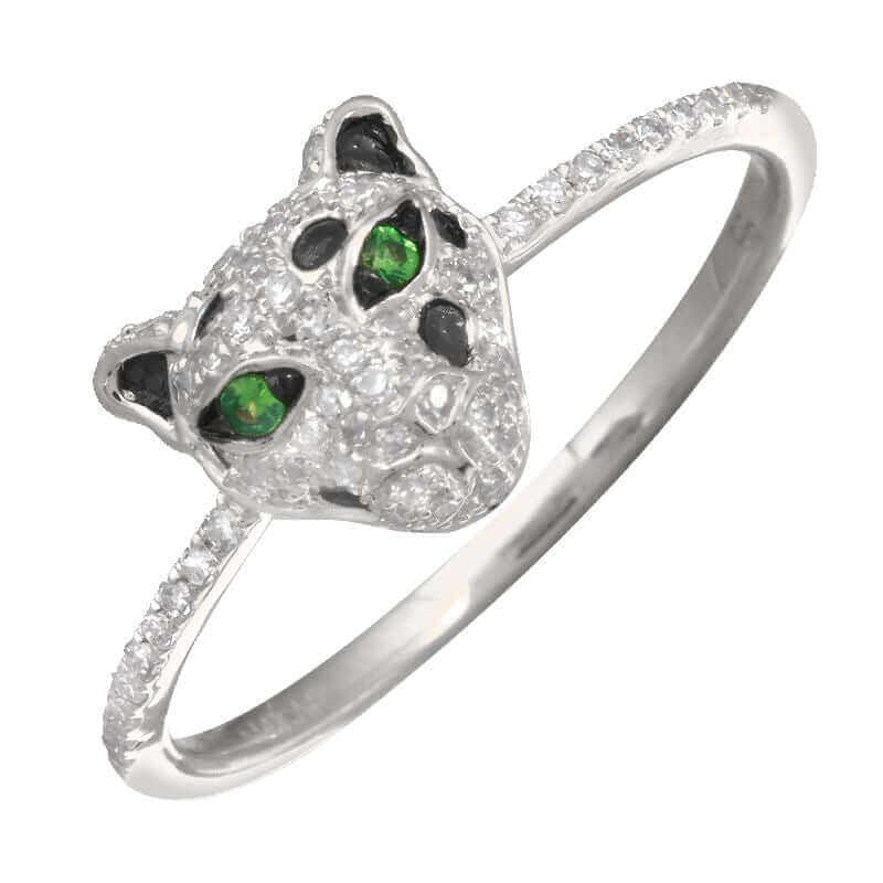 Sterling silver ring with diamond-studded panther head and emerald green eyes, luxurious jewelry piece for elegant style.