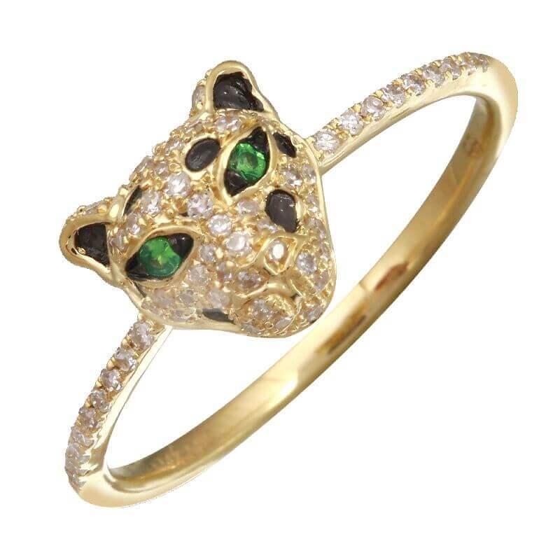 Elegant gold ring with a leopard head adorned with green and black gemstones from our exclusive jewelry collection.