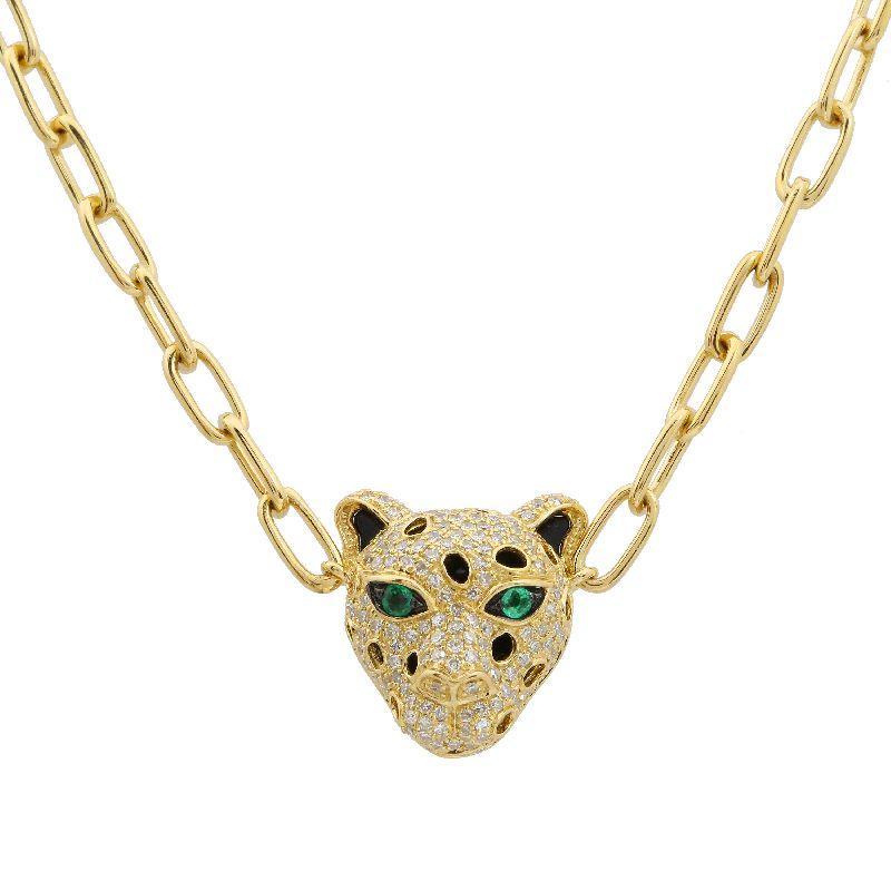 Luxurious gold necklace featuring a sparkling leopard head pendant with green eyes and black spots, exclusive to our jewelry collection.