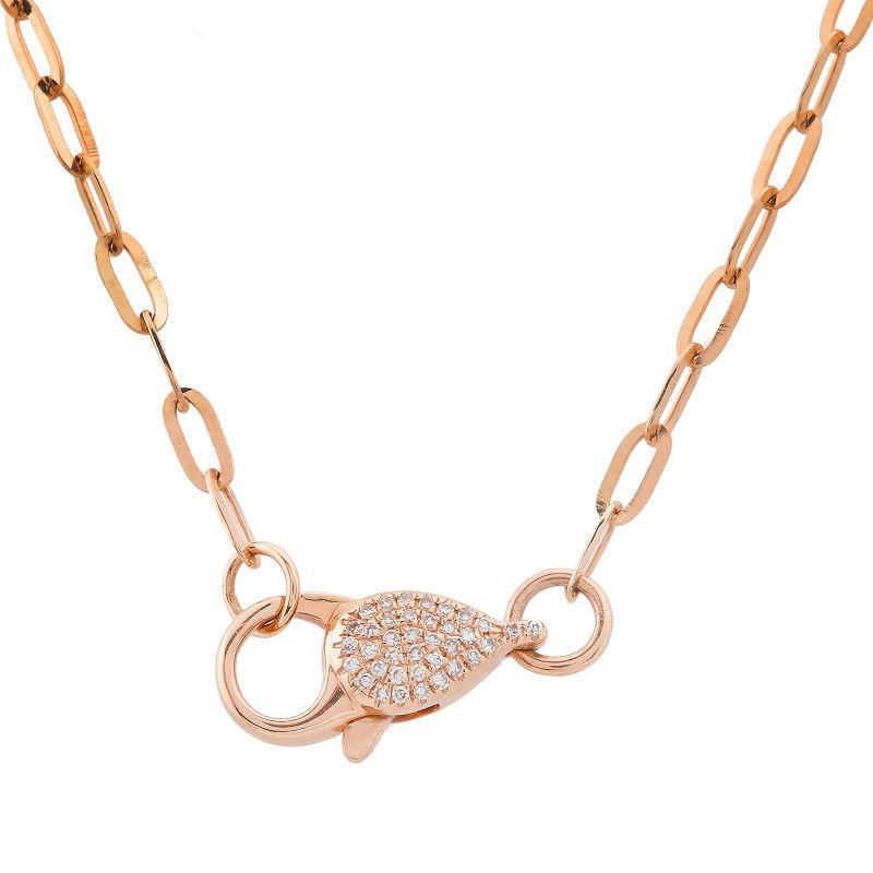 Elegant rose gold chain necklace with diamond-studded clasp, part of our exclusive jewelry collection.