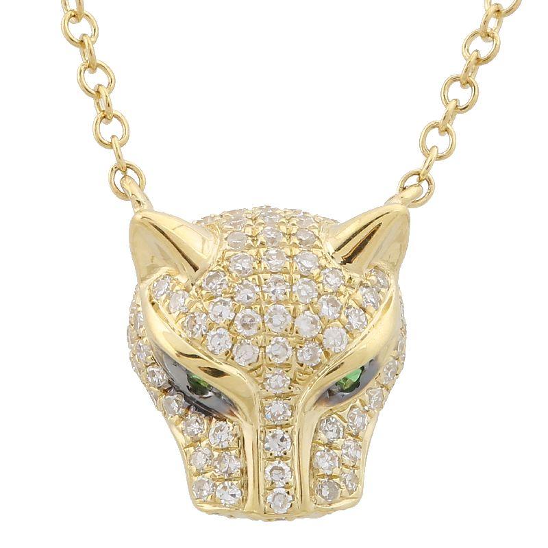 Gold panther head pendant necklace with sparkling diamonds and green eyes, luxury jewelry piece from our collection.