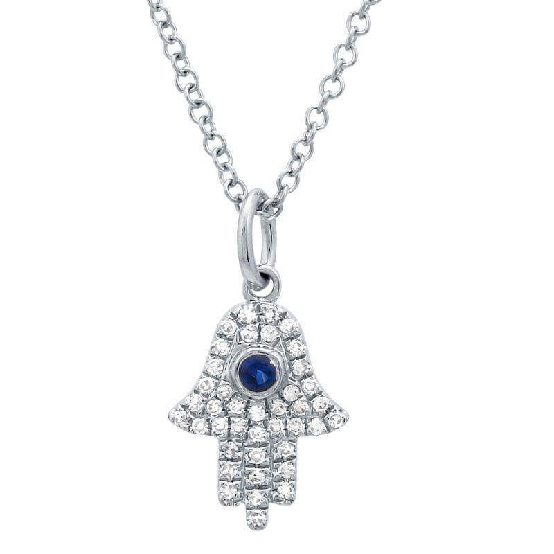 Silver Hamsa Hand Necklace with Blue Gem and Dazzling Crystals from Our Exquisite Jewelry Collection.