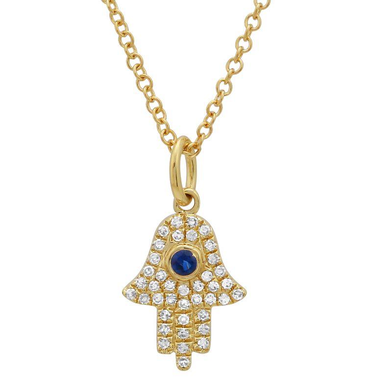 Gold hamsa necklace with sapphire and diamond accents by our jewelry brand