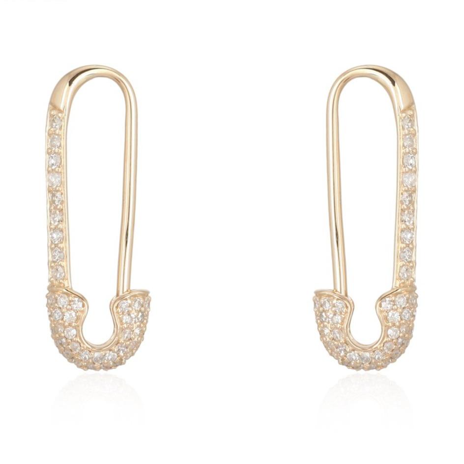 14K Gold Micro Pave Diamond Small Safety Pin Earring Pair / Yellow Gold