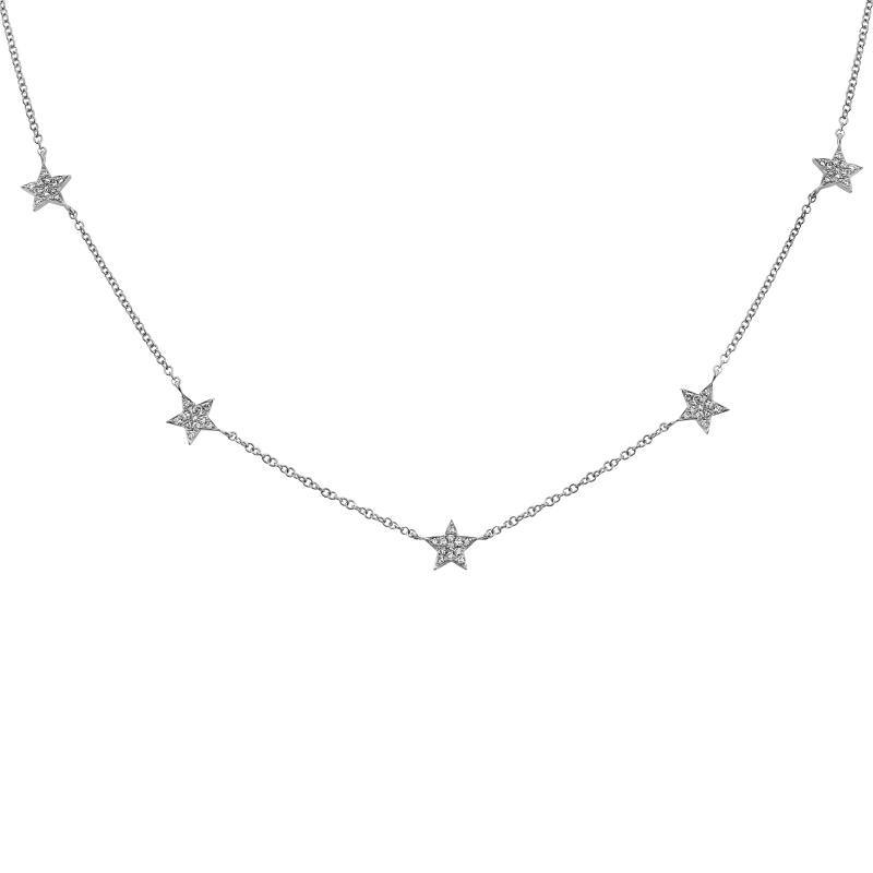 Elegant silver star necklace with five delicate charm stars, perfect for adding a touch of sparkle to any outfit from our jewelry brand.