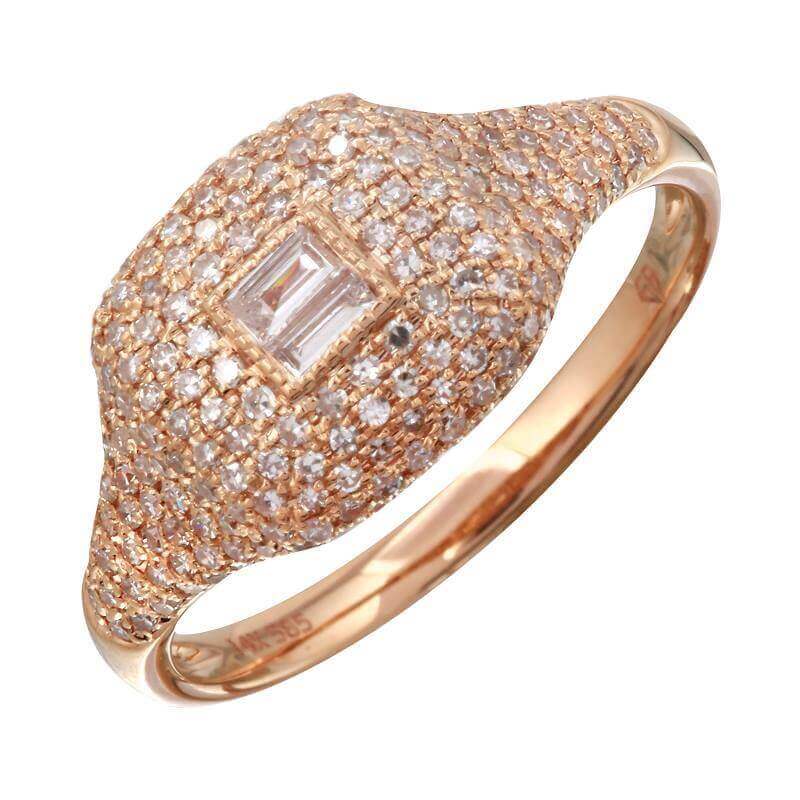 Elegant rose gold ring with pave diamonds and a baguette center stone - perfect for adding sparkle to any outfit from our jewelry collection.