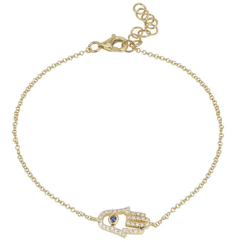 Gold chain bracelet with Hamsa hand charm featuring a blue stone centerpiece from our elegant jewelry collection