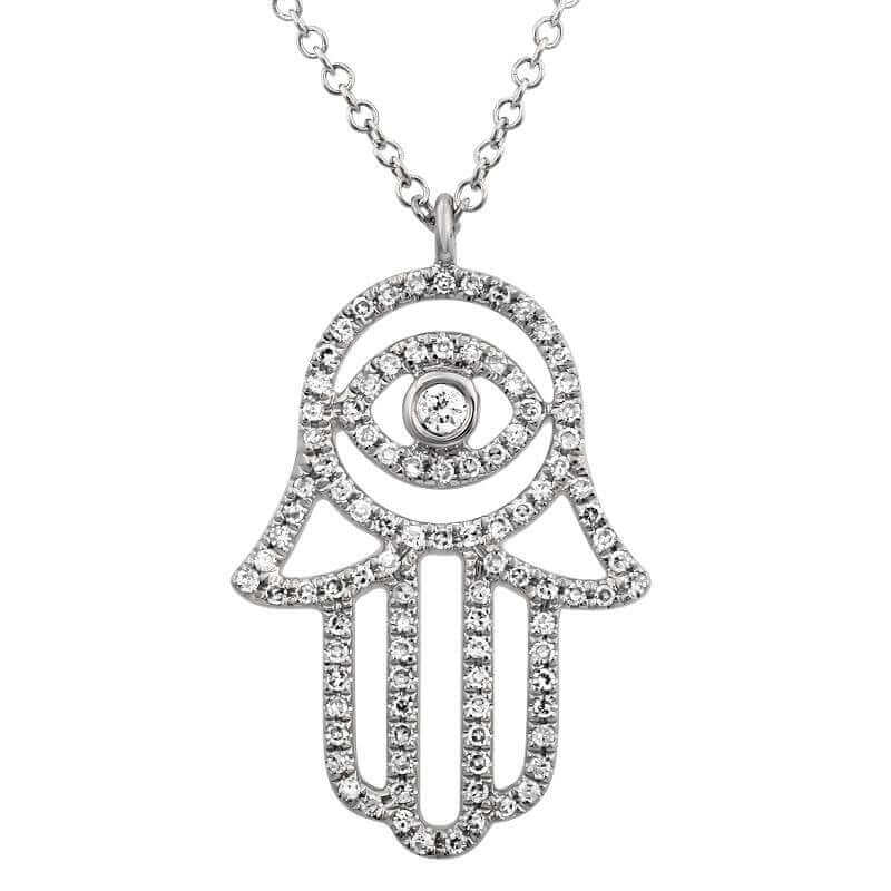 Silver Hamsa hand necklace with sparkling crystals, designed by our jewelry brand for a stylish and protective look