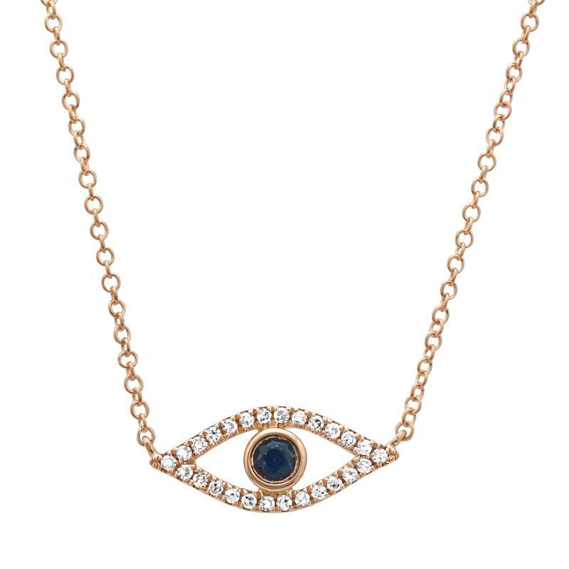 Gold necklace with eye-shaped pendant featuring a center black stone and surrounding diamonds from our jewelry collection.