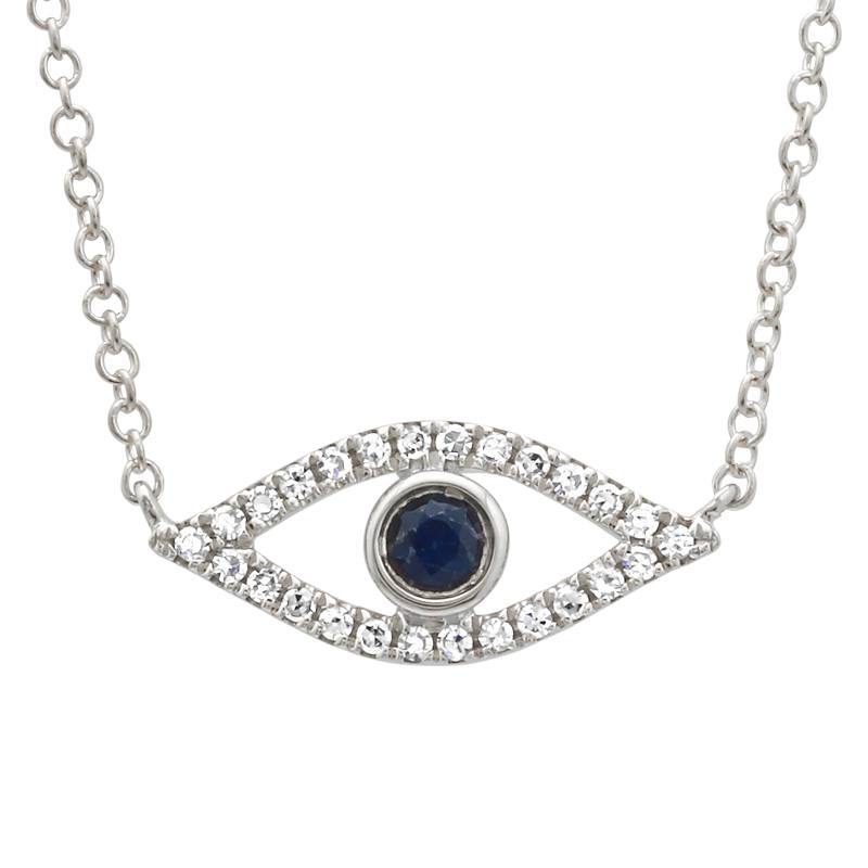 Elegant evil eye necklace with sparkling diamonds and blue sapphire center, perfect for adding an exquisite touch to your jewelry collection.