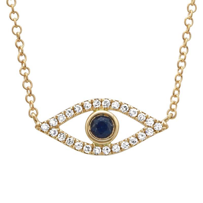 Pave Diamond Evil Eye Necklace featuring blue sapphire center, crafted in 14K gold with shimmering diamonds. Izakov Fine Jewelry.