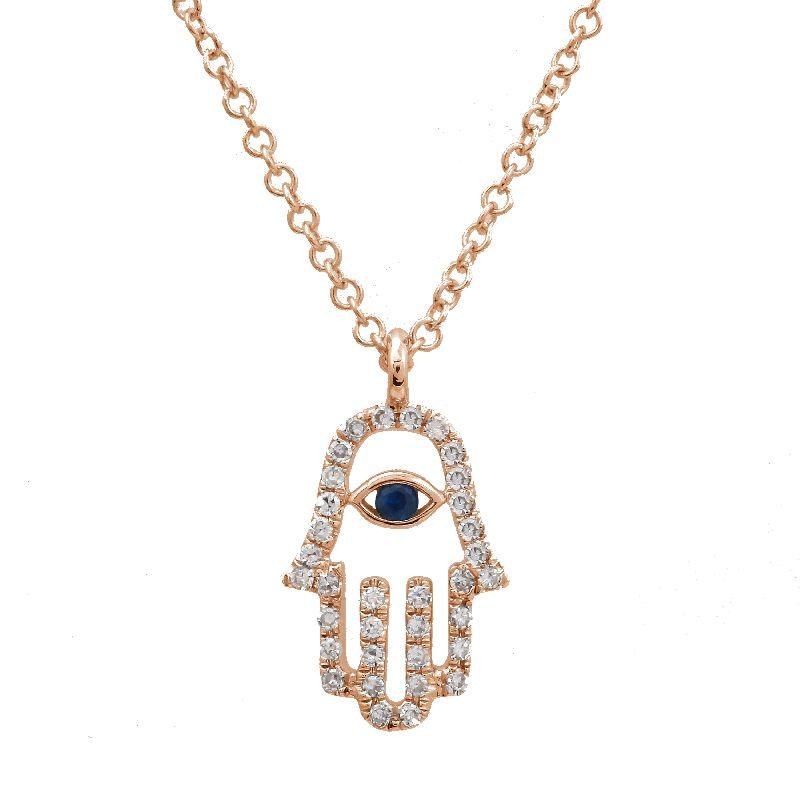 Rose gold hamsa hand necklace with sapphire eye and diamond accents from our luxury jewelry brand