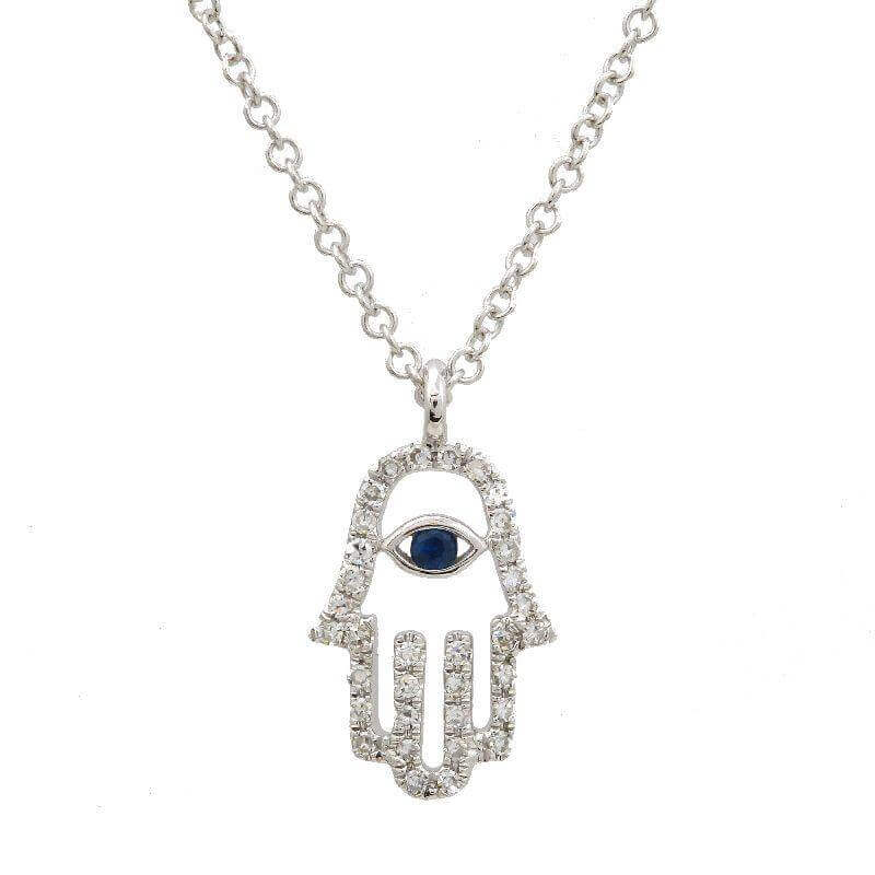 Sterling silver Hamsa pendant with blue eye on chain from our jewelry collection.