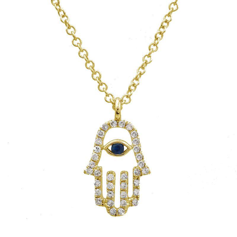 Stunning gold Hamsa necklace with a diamond-studded design and blue eye, from our luxury jewelry collection.