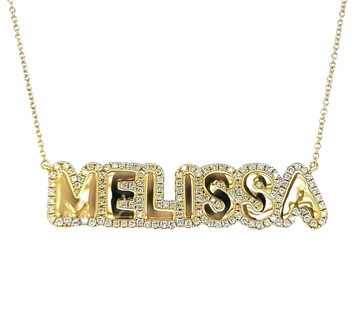 Gold necklace with "Melissa" name pendant, adorned with diamonds and set on a delicate chain from our jewelry collection.