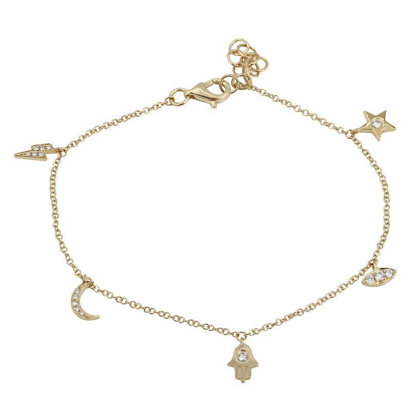 Delicate gold bracelet with celestial and protective charms from our jewelry collection