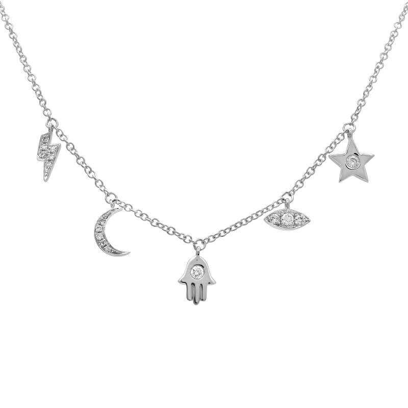 Silver charm necklace featuring moon, star, hamsa, lightning bolt, and eye pendants with gemstone accents from our jewelry collection.