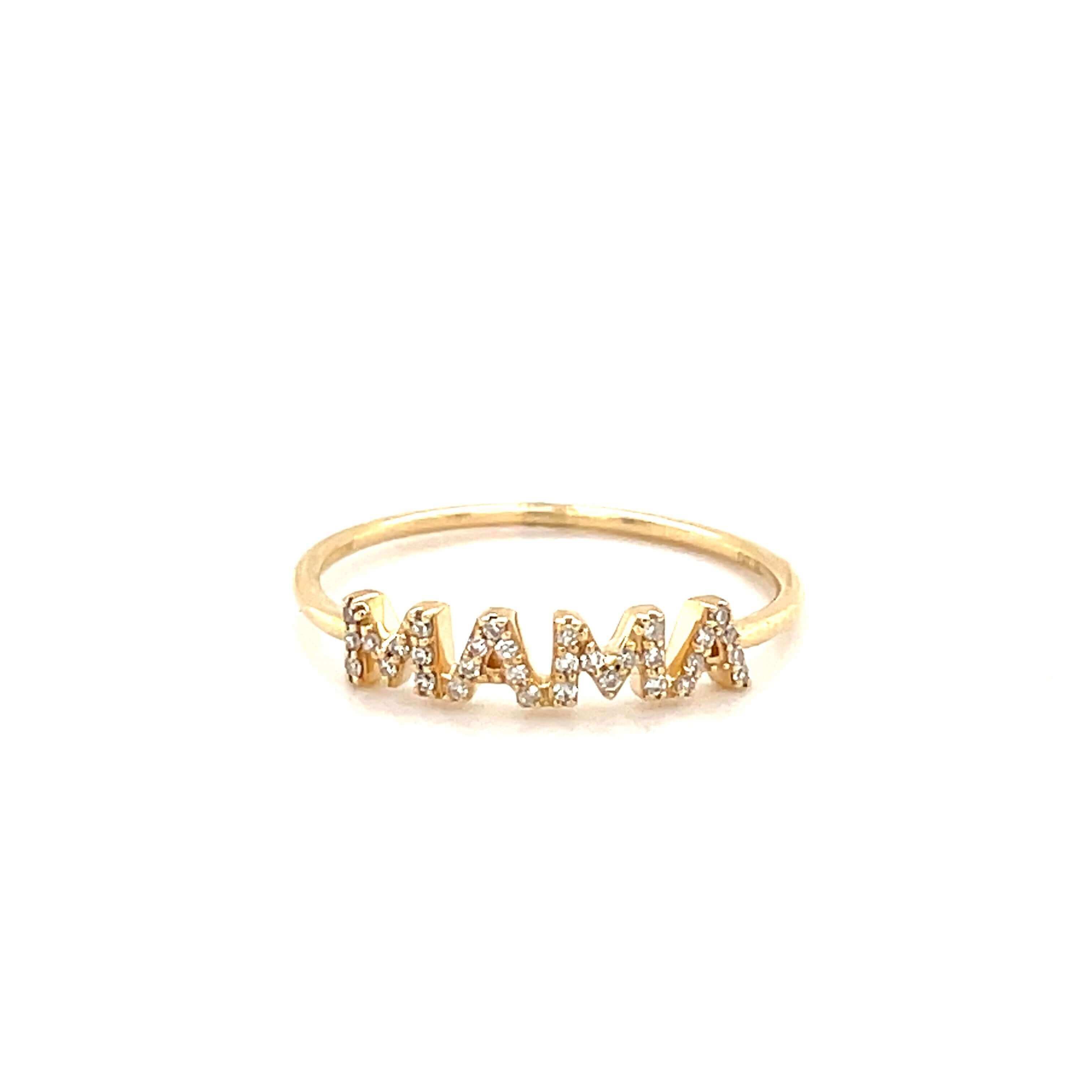 Gold "Mama" ring with sparkling diamonds, perfect for a stylish mother's jewelry collection.