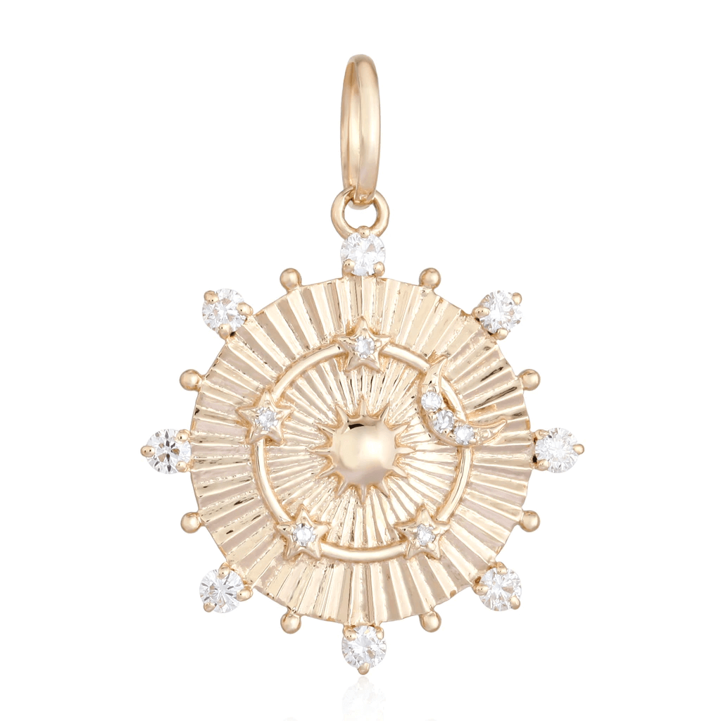 Gold sunburst pendant adorned with diamonds - elegant jewelry piece from our exclusive collection