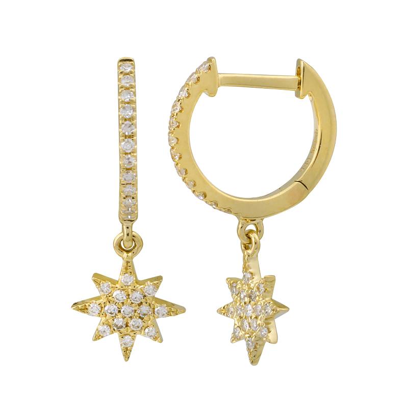 Elegant gold hoop earrings with star-shaped diamond pendants from our exclusive jewelry collection. Ideal for special occasions.