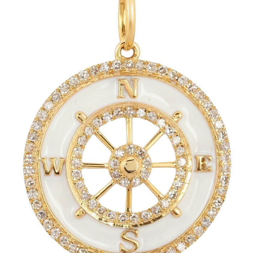 14K Gold White Enamel Compass Necklace Charm Yellow Gold Izakov Diamonds + Fine Jewelry