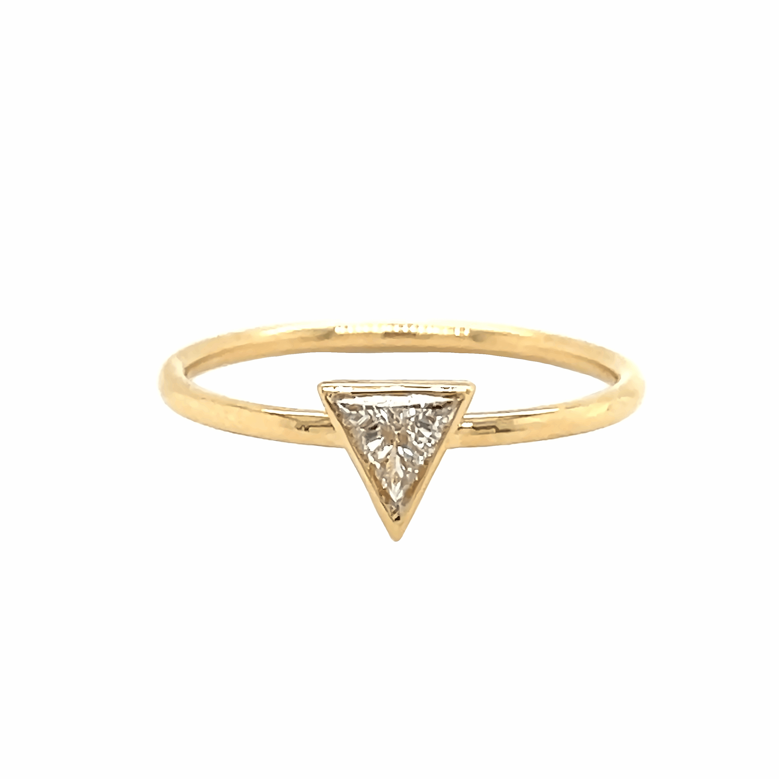 Petite Trillion Diamond Bezel Ring featuring a 0.18 carat trillion cut diamond in 18k gold.