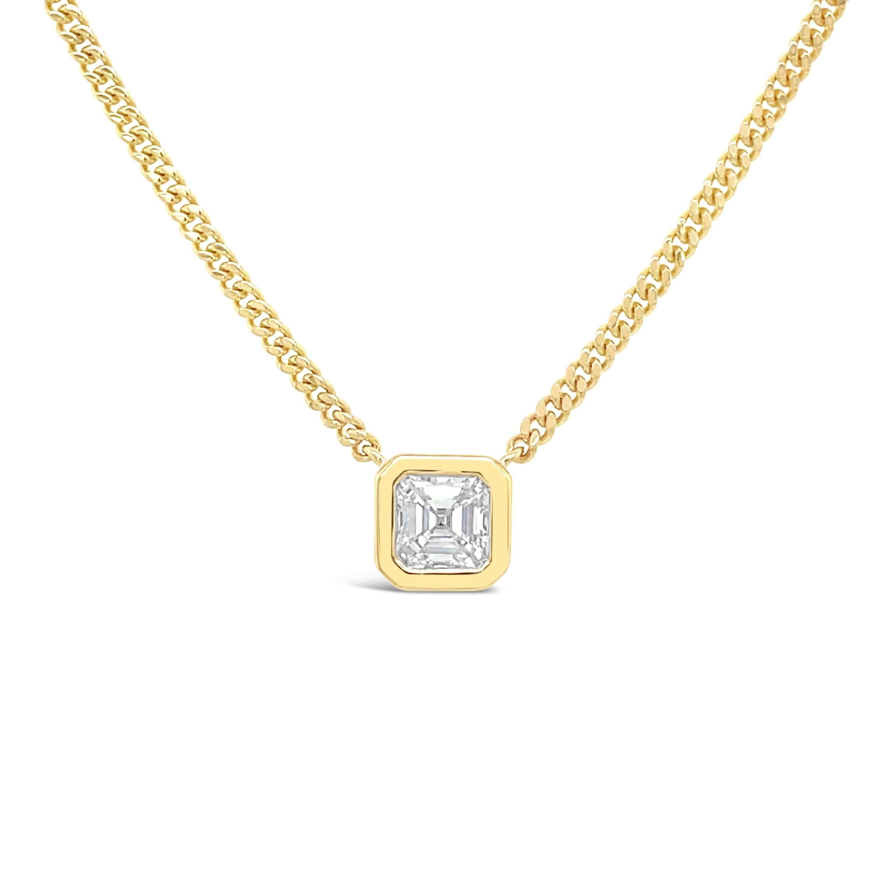Floating Bezel Asscher Cut Diamond Necklace by Izakov Fine Jewelry, showcasing a stunning GIA certified diamond in yellow gold.