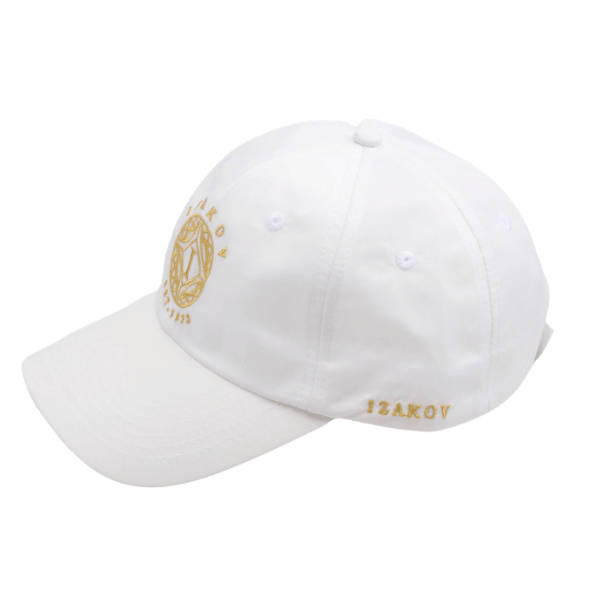 White baseball cap with golden embroidered Izakov logo, representing our luxury jewelry brand