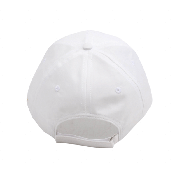 Back view of a white baseball cap with adjustable strap