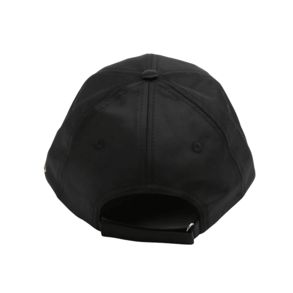 Rear view of a black adjustable baseball cap, highlighting the sturdy back design, perfect for casual wear with our brand's jewelry collection.