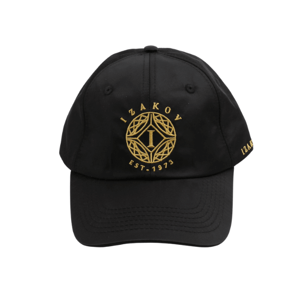 Black cap with Izakov jewelry brand logo embroidered in gold, established in 1973