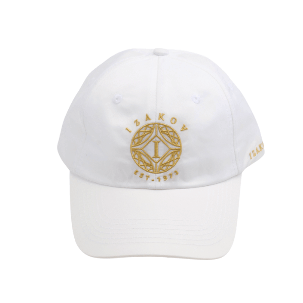 White baseball cap with gold Izakov logo and text, established in 1973, showcasing an elegant design.