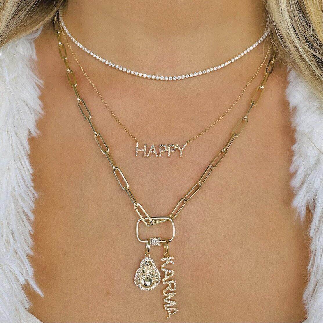 Layered charm necklaces featuring 'Happy' and 'Karma' pendants, perfect for elevating your style.
