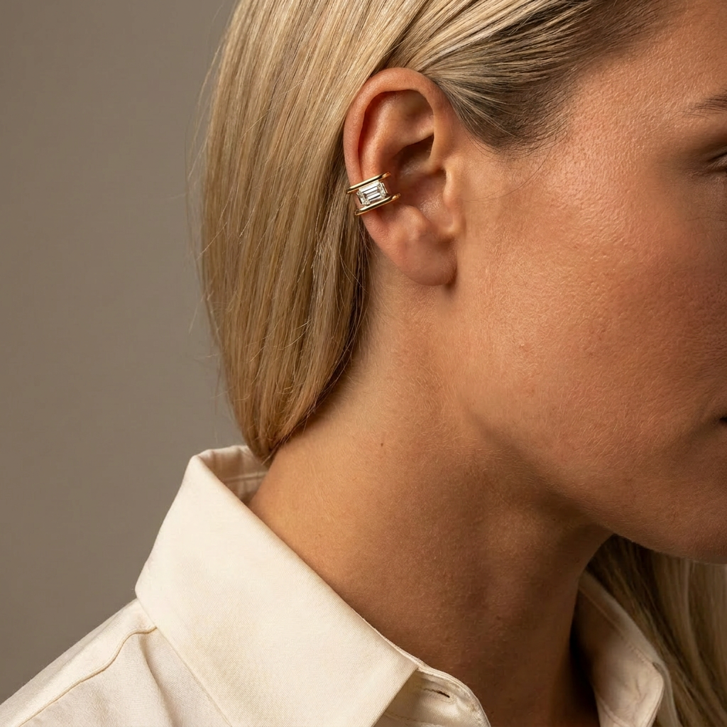 Emerald Cut Lab Diamond Ear Cuff — model shot