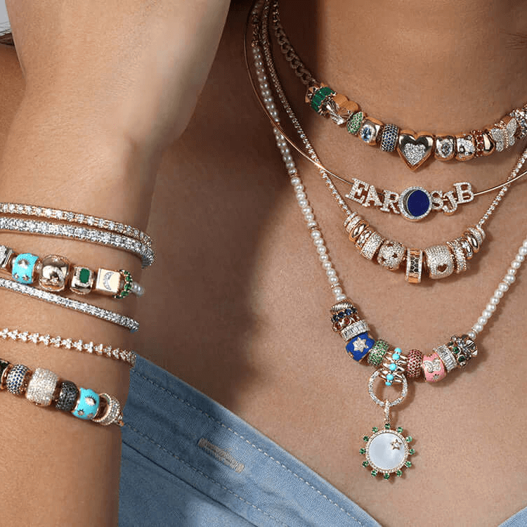 Chains for Rondelles in a stylish collection of gold and colorful bead necklaces and bracelets.