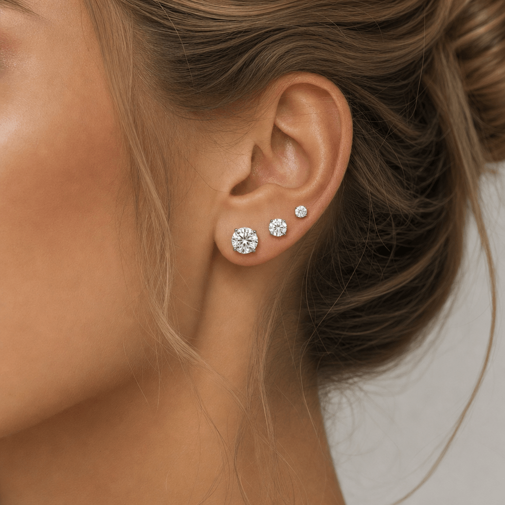 Classic Round Lab-Grown Diamond Stud Earrings showcased in a woman's ear, highlighting their sparkle and elegance.