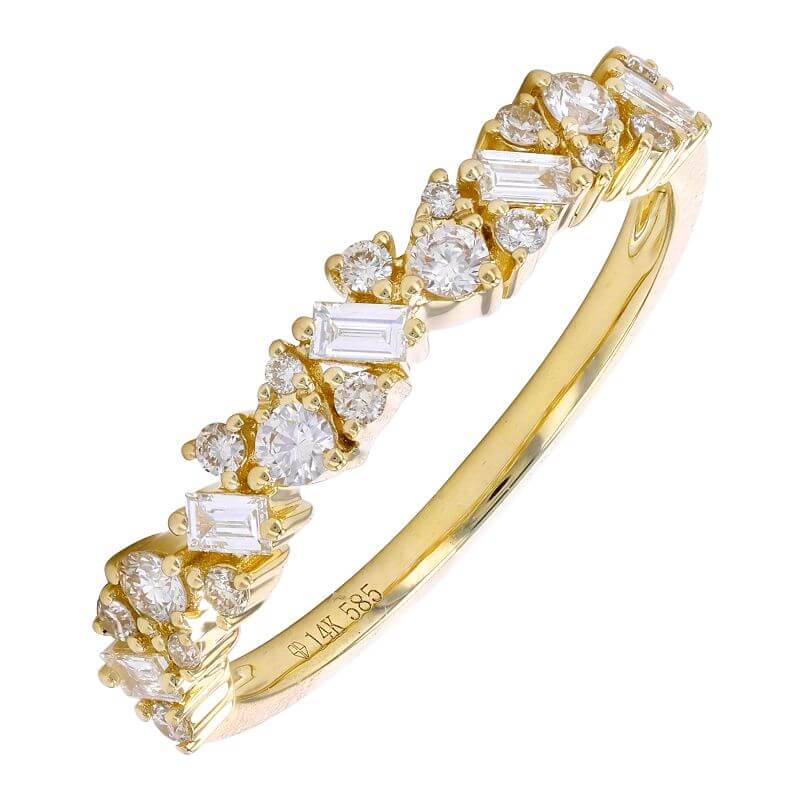 14K Gold Multi Shape Baguette Diamond Ring featuring baguette and round diamonds in a unique design.