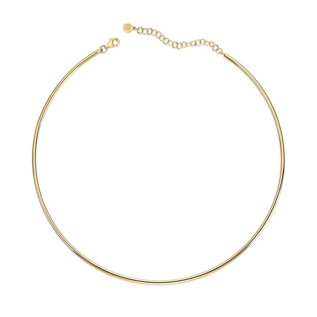 14K Gold 2mm Omega Wire Choker Necklace with extender chain for versatile styling options.