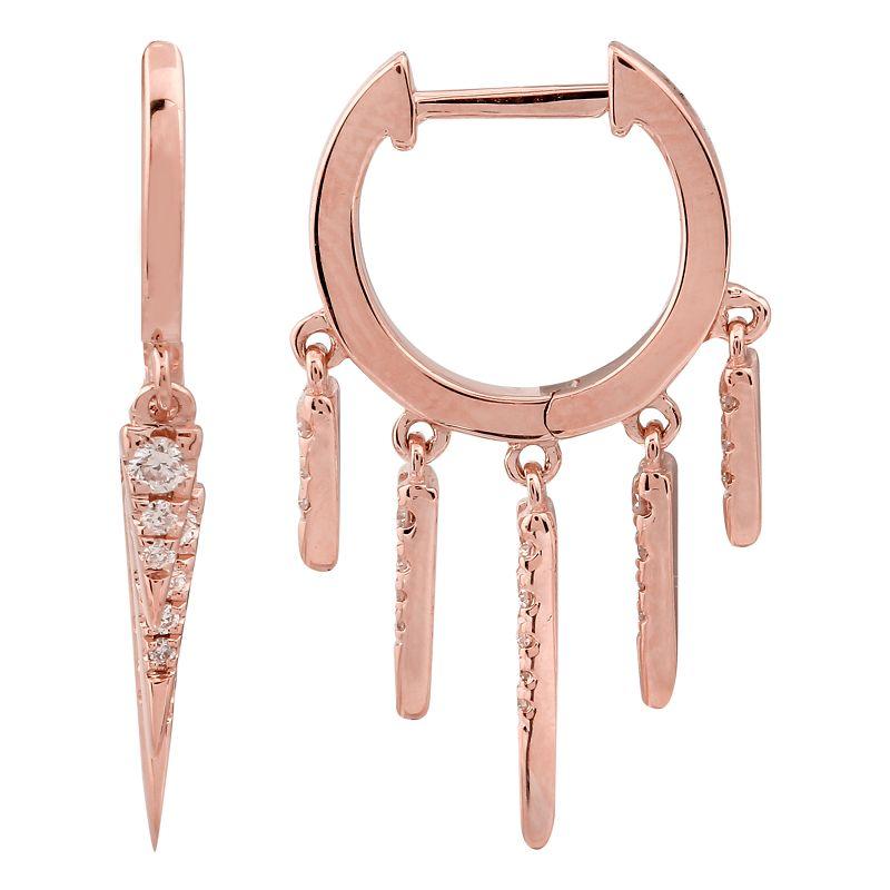 Rose gold hoop earrings with dangling spike and rectangular charms from our luxury jewelry collection.